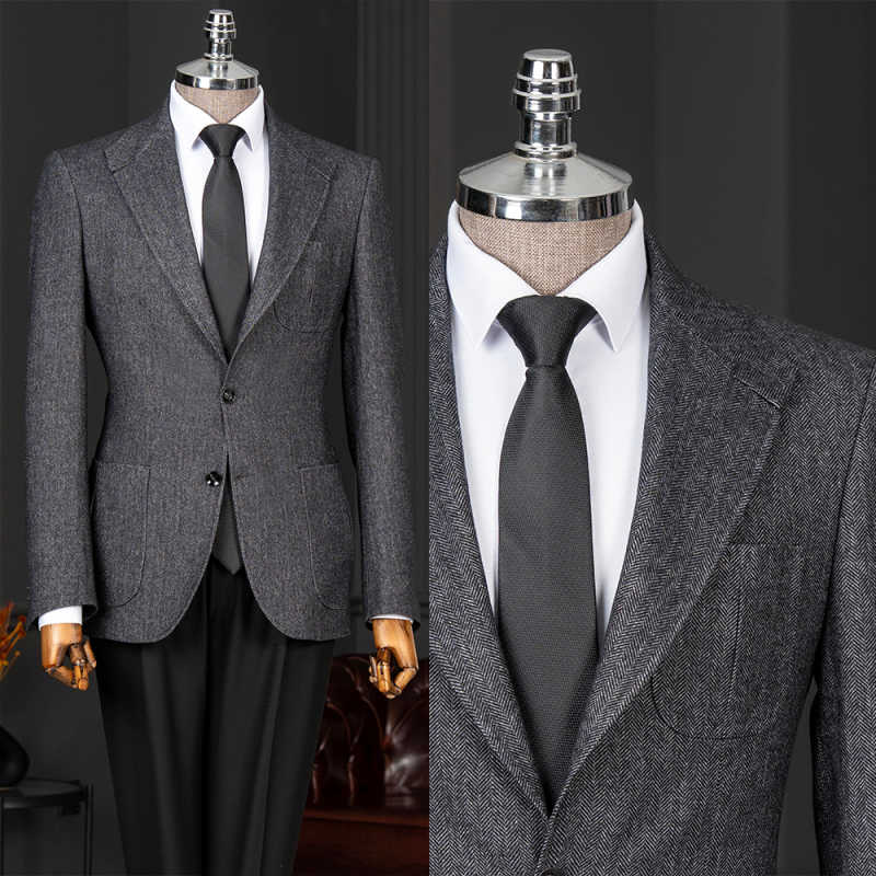 Men Linen Formal Wear - Классический мужской костюм-двойка в елочку с