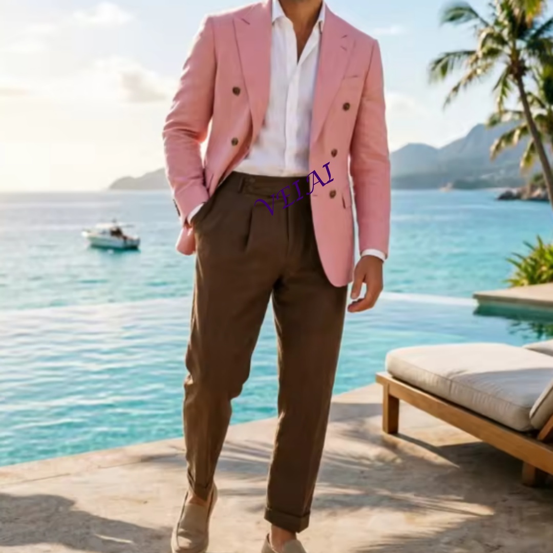 Men Linen Formal Wear - Индивидуальный мужской двубортный костюм из бежевого